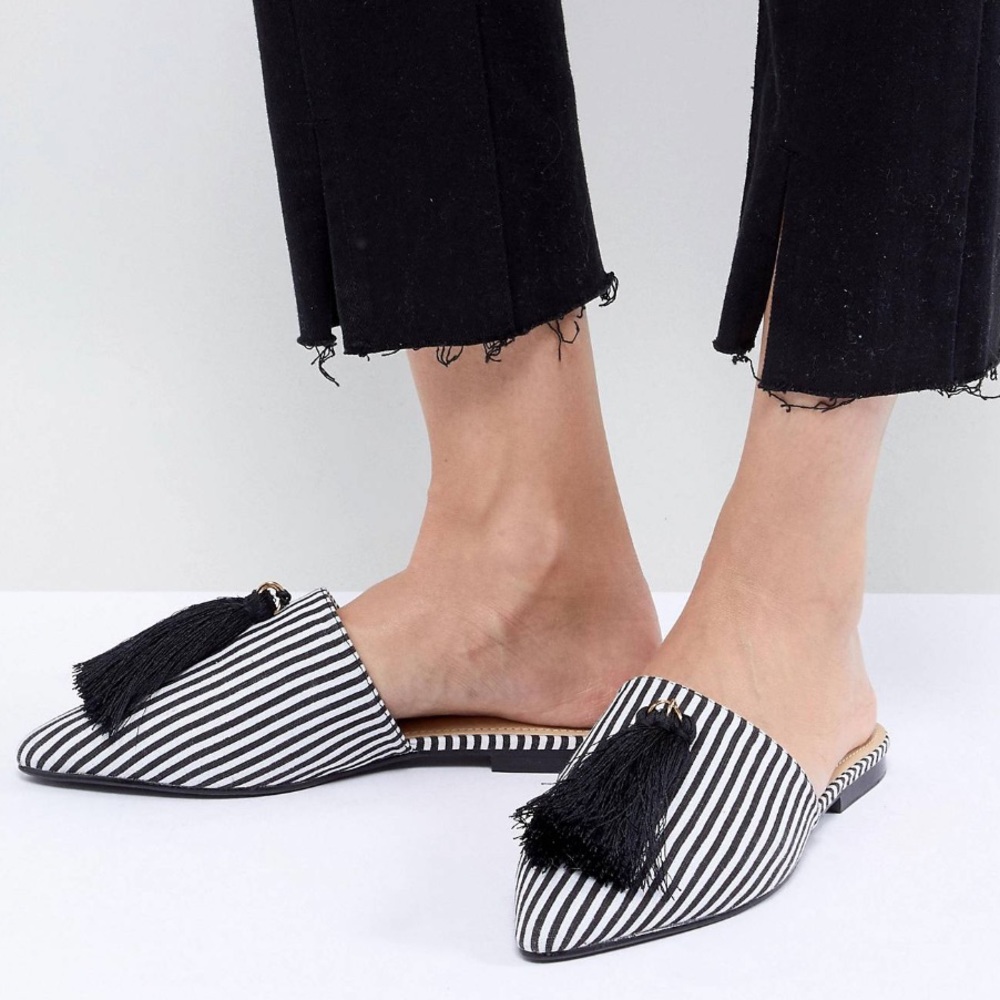 Black & White striped flat mules with fringe detail